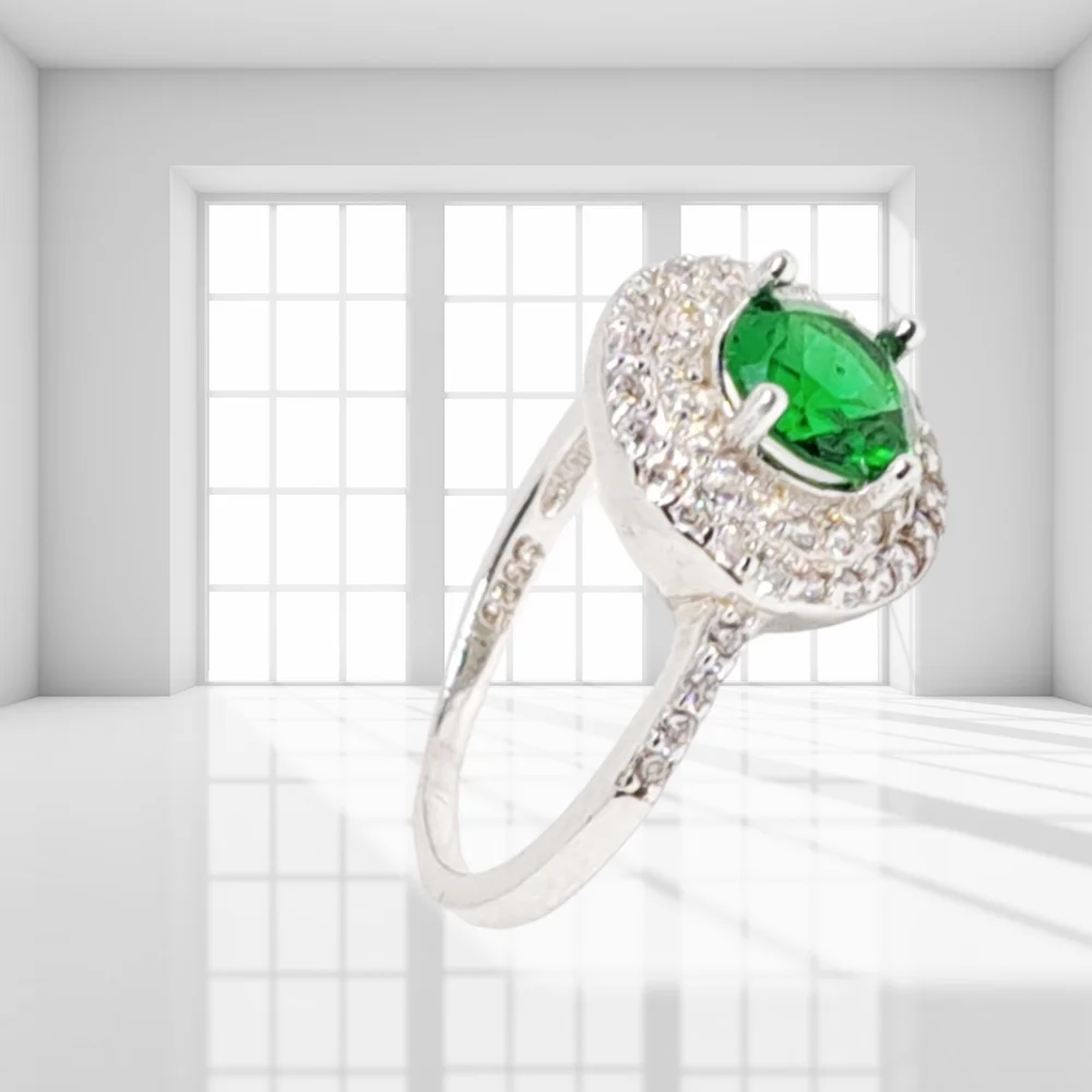 Created Emerald & Diamonds Sterling Silver Ring. NWOT
